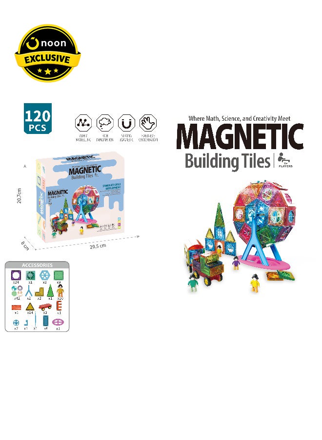 Magni Mates 120PCS Magnetic Building Tiles Set with Ferris Wheel, Vehicles and Figures STEM Construction Toy for Creative Learning and Imaginative Play - Image 1